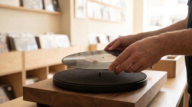 Person hands placing a vinyl record onto a modern turntable in a record store