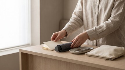 Fototapeta premium Person placing a black folding umbrella and a small notepad on a wooden counter