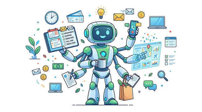 Multitasking robot holding various objects and interacting with technology.