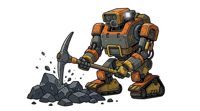 Robot miner digging for resources with a pickaxe.