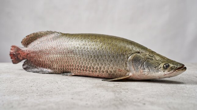 Large Arapaima Gigas Fish Known as Pirarucu Displayed on Grey Background, Giant Amazonian Freshwater Fish with Detailed Scales and Red Tail