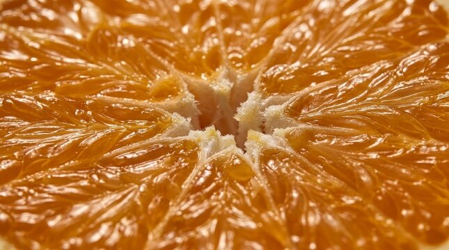 Close-up macro shot of a fresh orange slice, revealing the intricate texture of juicy vesicles and vibrant pulp. The image captures natural fruit patterns and citrus details with high precision