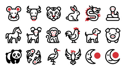 Obraz premium Collection of Chinese zodiac animal icons and Asian cultural symbols in minimalist black line art with red accents, symbolizing lunar calendar traditions and representing oriental astrology