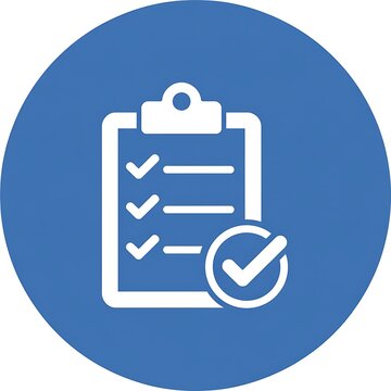 Clipboard with check marks icon on blue circle button