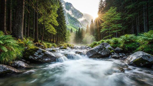 A serene mountain stream flows through a lush green forest valley