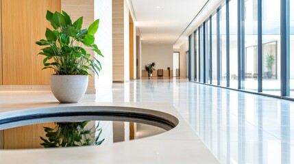 Fototapeta premium Luxury Corporate Lobby With Indoor Water Feature Elegant Busi Alternate Reception Desk Perspective, luxury office reception interior, executive business lobby, premium corporate design