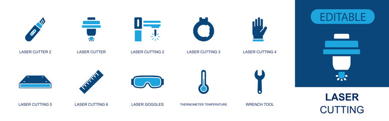 Laser cutting icon set. Containing laser cutter, cutting head, handheld tool, metal plate, ruler, safety goggles, thermometer, protective glove, wrench and more. Solid fill vector icons. © Jacki
