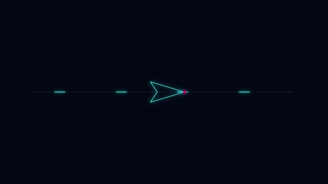 Neon digital cursor arrow moving along a dotted line path on dark animation 4k background