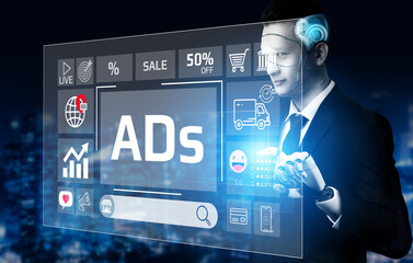 Obraz premium Business Professional Interacting with Digital Advertising Interface in Modern City Background, Showcasing Sales and Marketing Concepts, Technology Integration. Entropy.