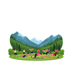 Naklejka premium Outdoor Fitness Class in Mountain Scenery