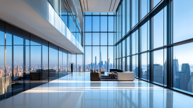 Luxury Reception Floor Ceiling Glass Curtain Wall Panorami Premium Waiting Area Composition, luxury office reception interior, executive business lobby, premium corporate design