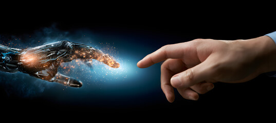 Fototapeta premium Symbolizing digital evolution and AI cooperation, a 3D render depicting the connection between human and robotic hands.