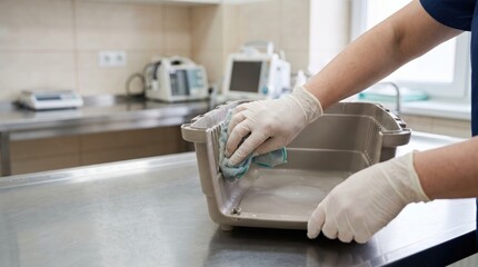 Fototapeta premium Veterinarian assistant in gloves cleaning a plastic pet carrier with a microfiber cloth