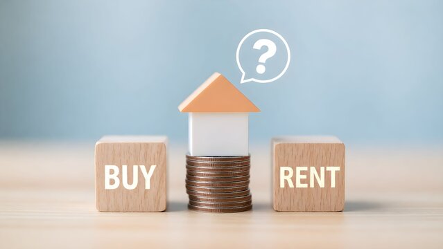 Minimalist 3D illustration of buy vs rent decision with house and coin question mark