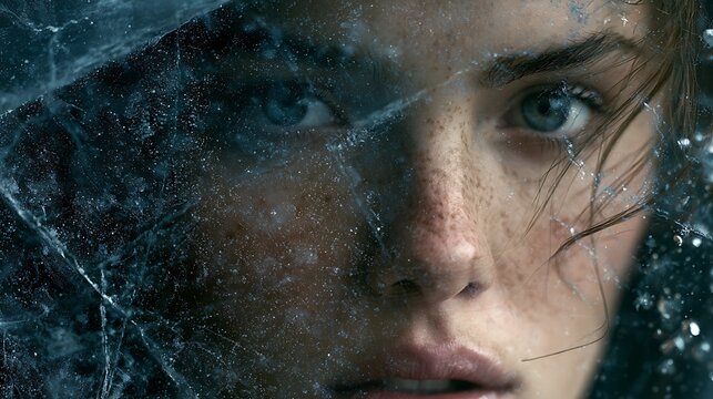 Prompt: A striking close-up portrait. A model's face is double exposed with a sheet of thick, cloudy dark arctic ice filled with deep internal air bubbles and cracks. Shot on Phase One XF IQ4, 