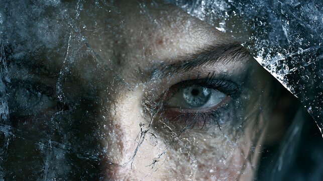 Prompt: A striking close-up portrait. A model's face is double exposed with a sheet of thick, cloudy dark arctic ice filled with deep internal air bubbles and cracks. Shot on Phase One XF IQ4, 