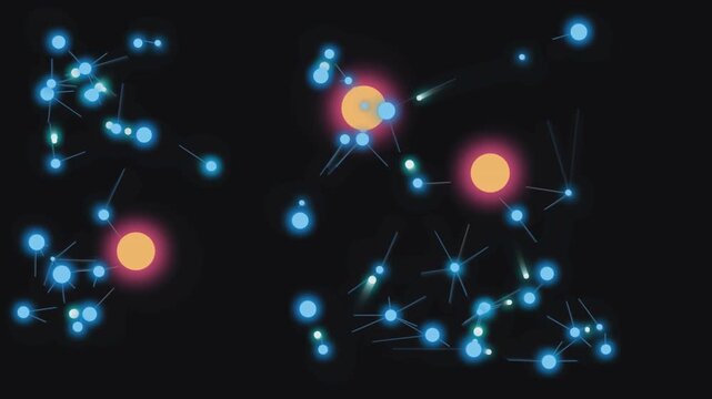 Abstract background featuring glowing blue circles and orange orbs moving in space.