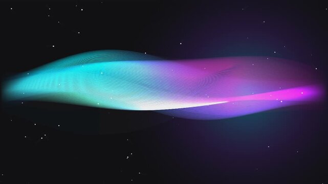 Abstract neon wave motion on dark background with floating particles looping video.