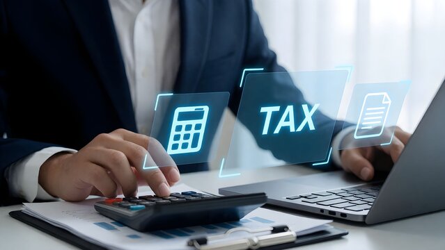 Professional accountant calculating taxes with digital financial tools on laptop