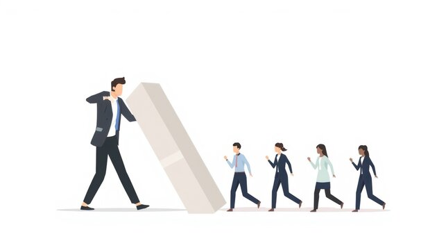 Business professional removing large block obstacle enabling team members to advance forward along pathway with depicts professional clearing