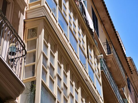 Traditional Majorcan Enclosed Wooden Balconies in Palma Old Town