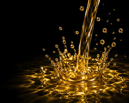Liquid gold pour splash on dark background, luxury 3D abstract