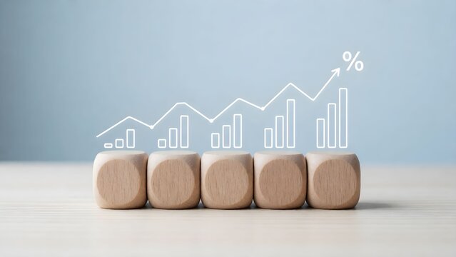 Wooden blocks forming upward growth trend with percentage signs symbolizing business success