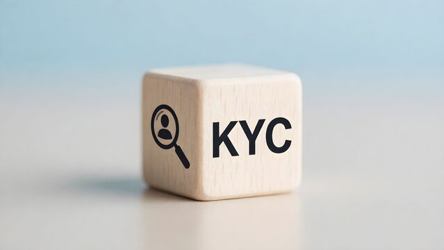 Minimalist wooden cube with magnifying glass symbolizing KYC compliance on light blue background