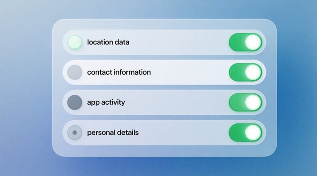 Floating UI panel shows privacy settings with toggles for location data contact information app activity and personal details. Interface design controls data sharing on soft blue gradient background.