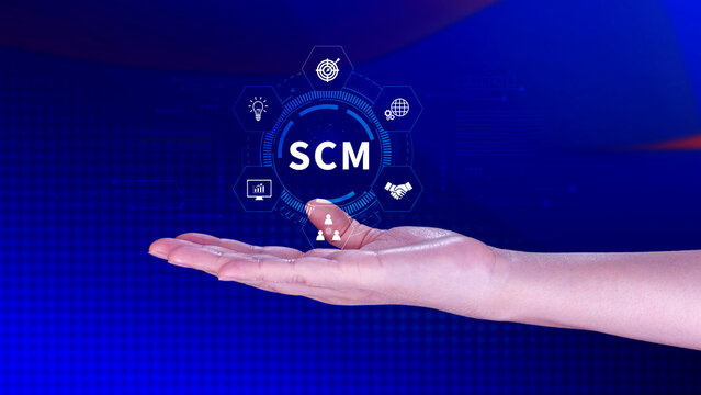 SCM concept, Supply Chain Management, Logistic and transport, Communication network. organizing and controlling resources to meet the needs of customers.