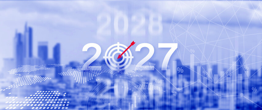 Vision 2027. Business Target for 2027 with Dartboard Target Icon, Financial Goals and Business Strategy, Planning and Investment, not ai