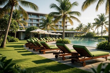 Fototapeta premium Green lounge chairs on patio near outdoor swimming pool at modern luxury resort. Tropical palm trees grow on green grass lawn. Architecture of hotel building visible under bright sunlight. Guests