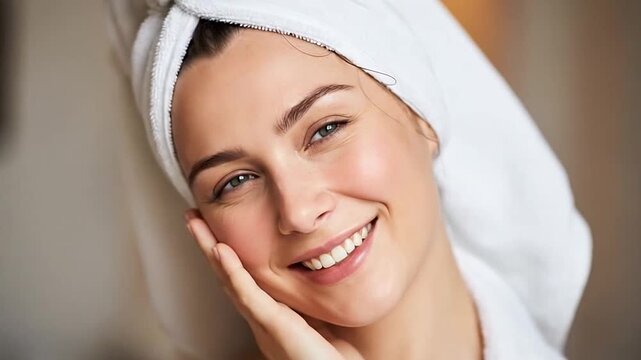 A smiling woman with a white towel wrapped around her head