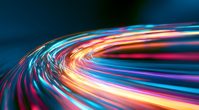 High-speed digital data transfer concept with colorful, glowing neon light trails curving on a dark, futuristic background