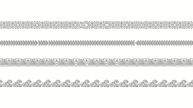 Four black and white decorative borders with geometric patterns isolated on a transparent background