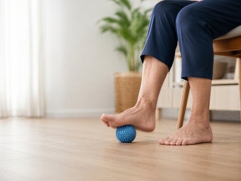 Senior woman doing foot massage with spiked ball for physical therapy at home. Elderly patient exercising to relieve heel pain and stiffness. Rehabilitation wellness recovery concept.
