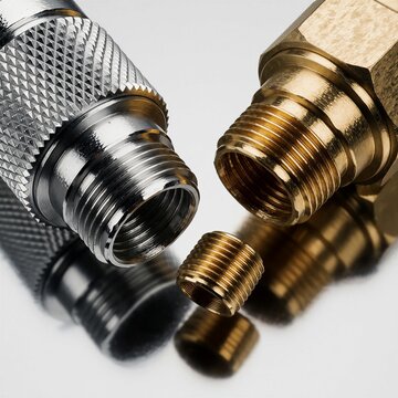 Close up macro view of two coaxial connectors, one silver metal one gold brass, resting on reflective surface. Small threaded adapter is also visible.