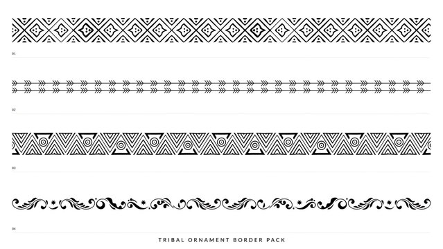 Four black tribal ornament borders with geometric patterns isolated on a transparent background