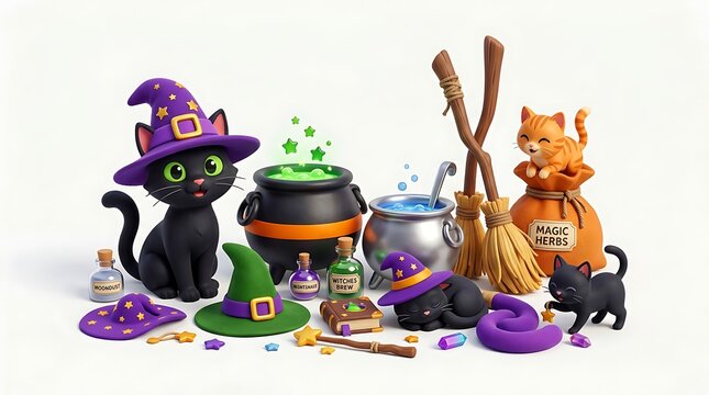 Witch Items and Cats Collection 3D Halloween Set with Black Cats Witch Hats Cauldrons Magic Potions Broomsticks Isolated on White Background