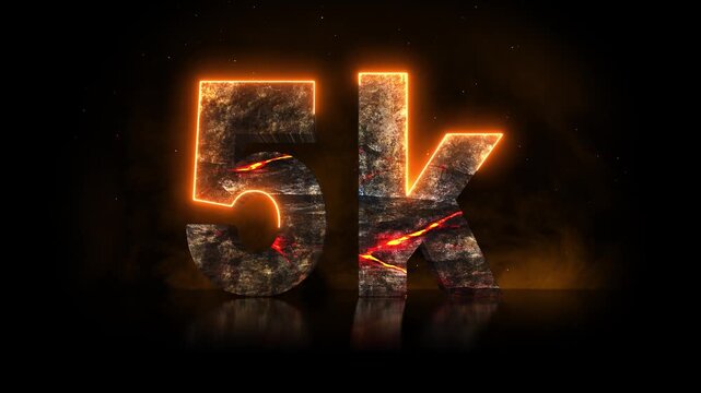 Cinematic 3D 5K milestone title reveal carved from volcanic rock with glowing lava cracks, drifting smoke and embers, celebrating followers and subscribers