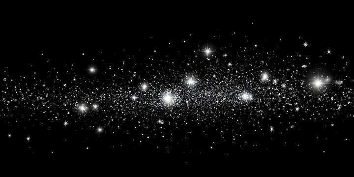 Magical white dust sparkles, glowing particles shine, festive and transparent abstract illustration design background effect.