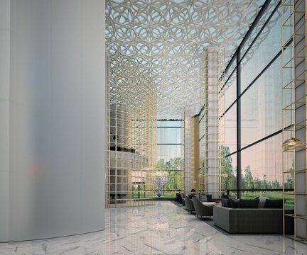 Modern building entrance reception lobby hall, 3d rendering
