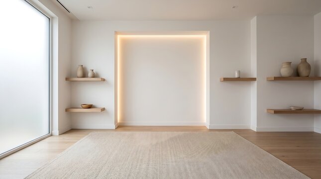 Modern minimalist living room with subtle ambient lighting, light wood floors, and decorative shelves, clean architectural design.