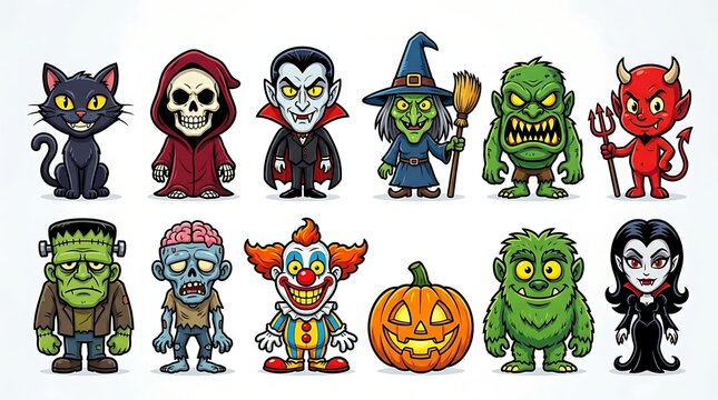 Halloween Cartoon Characters Set Spooky Cute Monsters Clipart Vector Collection with Vampire Witch Zombie Frankenstein Pumpkin Black Cat Clown Isolated on White Background