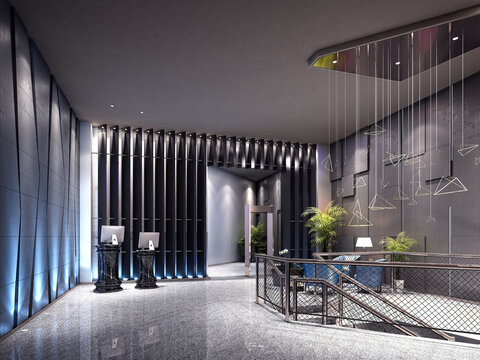 Modern building entrance reception lobby hall, 3d rendering