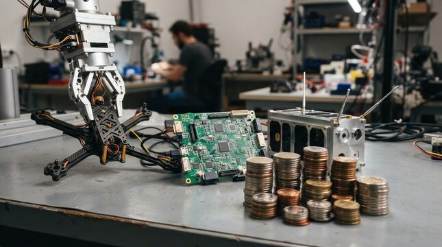 Startup funding concept with robot gripper, drone frame, circuit board, satellite shell, and stacked coins on a workbench