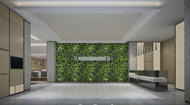 Modern building entrance reception lobby hall, 3d rendering