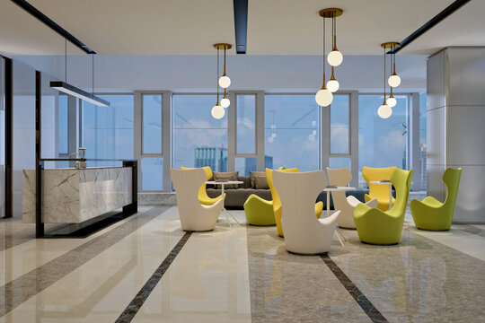 Modern building entrance reception lobby hall, 3d rendering