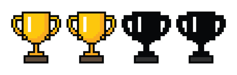 Pixel Art Trophies: A set of four pixel art trophies, two golden and two silhouetted, presented in a classic video game style. © Jibit