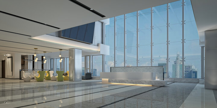 Modern building entrance reception lobby hall, 3d rendering